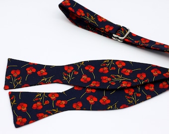 Navy Blue and Red Floral Bow Tie, Liberty of London, Red Poppy Flowers Tie, Blue and Red Wedding, Dark Blue Tie, Small Floral Print