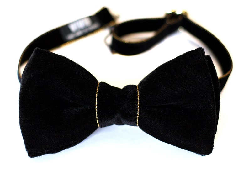 Black and Gold Bow Tie, Black Velvet Bow Tie, Black Tie Event, Wedding Bow Tie, Groomsmen Bow Ties image 2