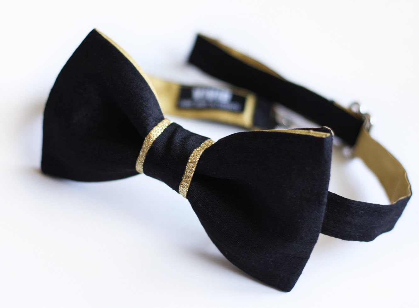 Black and Gold Bow Tie Metallic Gold Black Raw Silk Bow Tie Etsy Canada