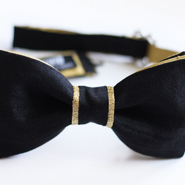 Black and Gold Bow Tie, Metallic Gold, Black Raw Silk Bow Tie, Pretied Bowtie,Black Tie Event, Wedding Bow Tie, Groomsmen