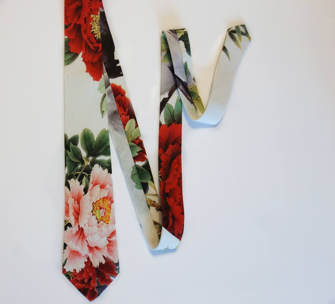 Floral Neck Tie Italian Linen Tie Red Green Pink White - Etsy
