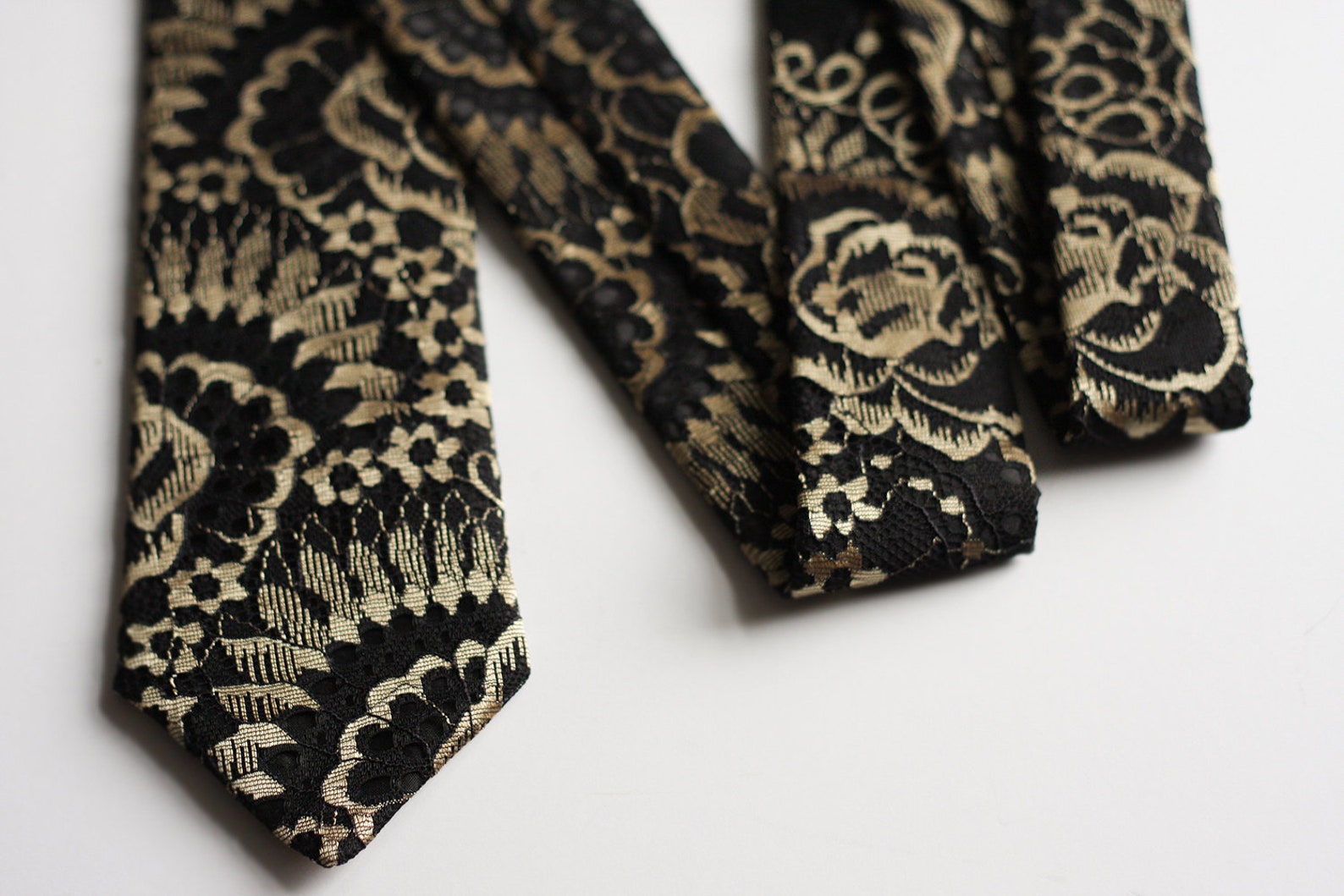 Black and Gold Neck Tie Lace Ties Metallic Tie Black and Etsy