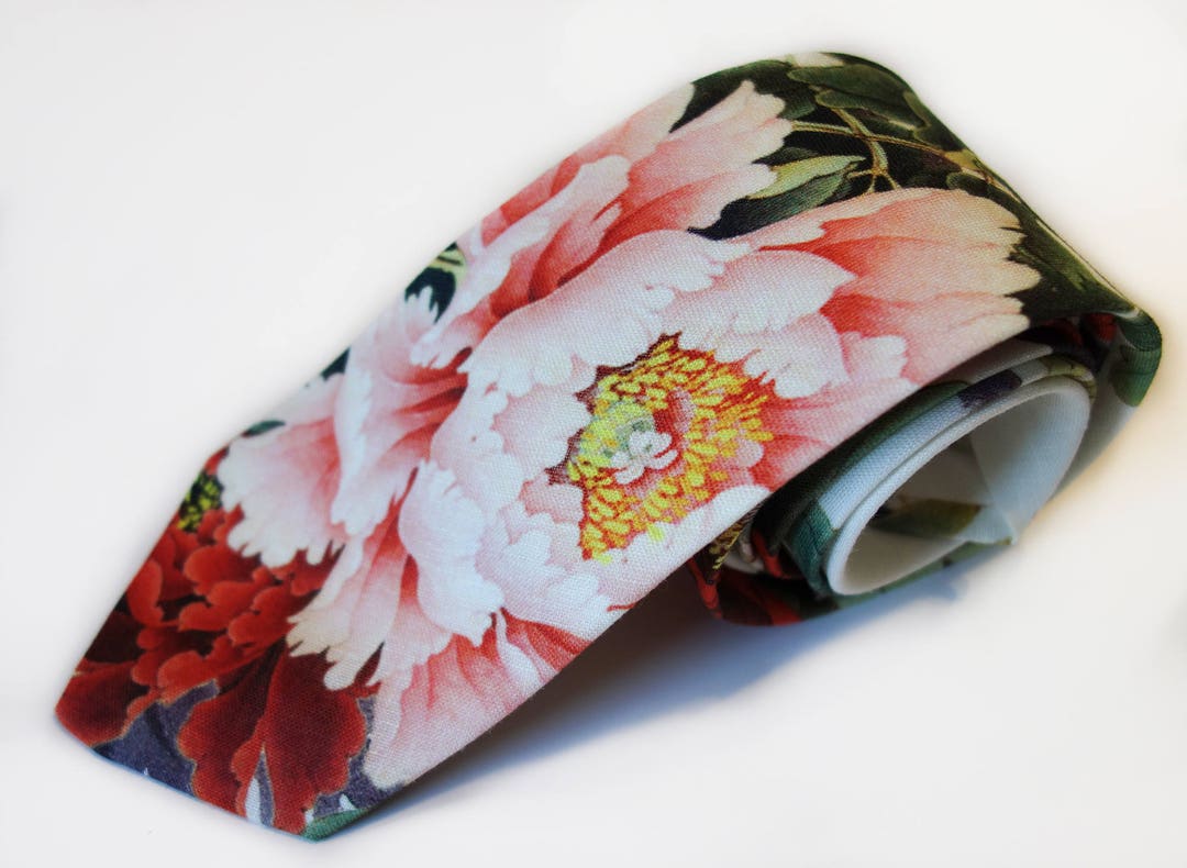 Floral Neck Tie, Italian Linen Tie, Red, Green, Pink, White, Ivory Neck ...