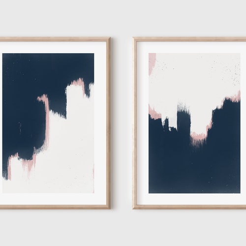 Blush Pink and Navy Print Set Minimalist Abstract Wall Art Etsy