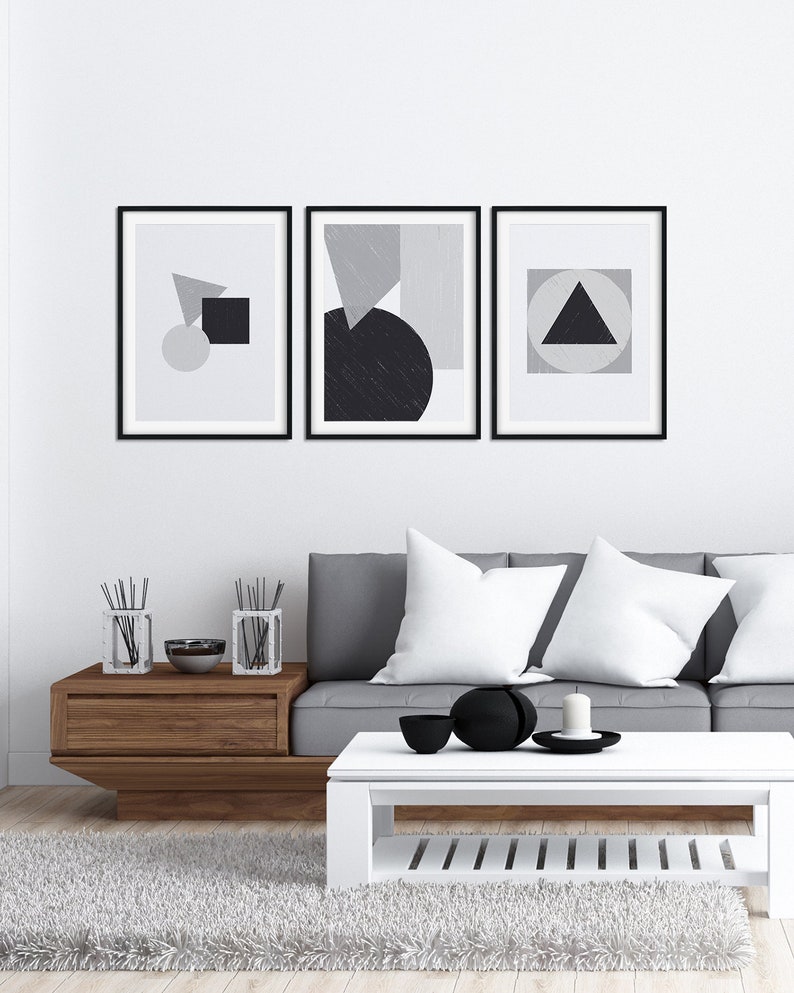 Geometric Wall Art Set Printable Set of 3 Black and White | Etsy