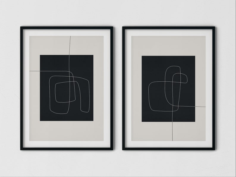 Black and White Prints Abstract Line Art Print Set of 2 Etsy