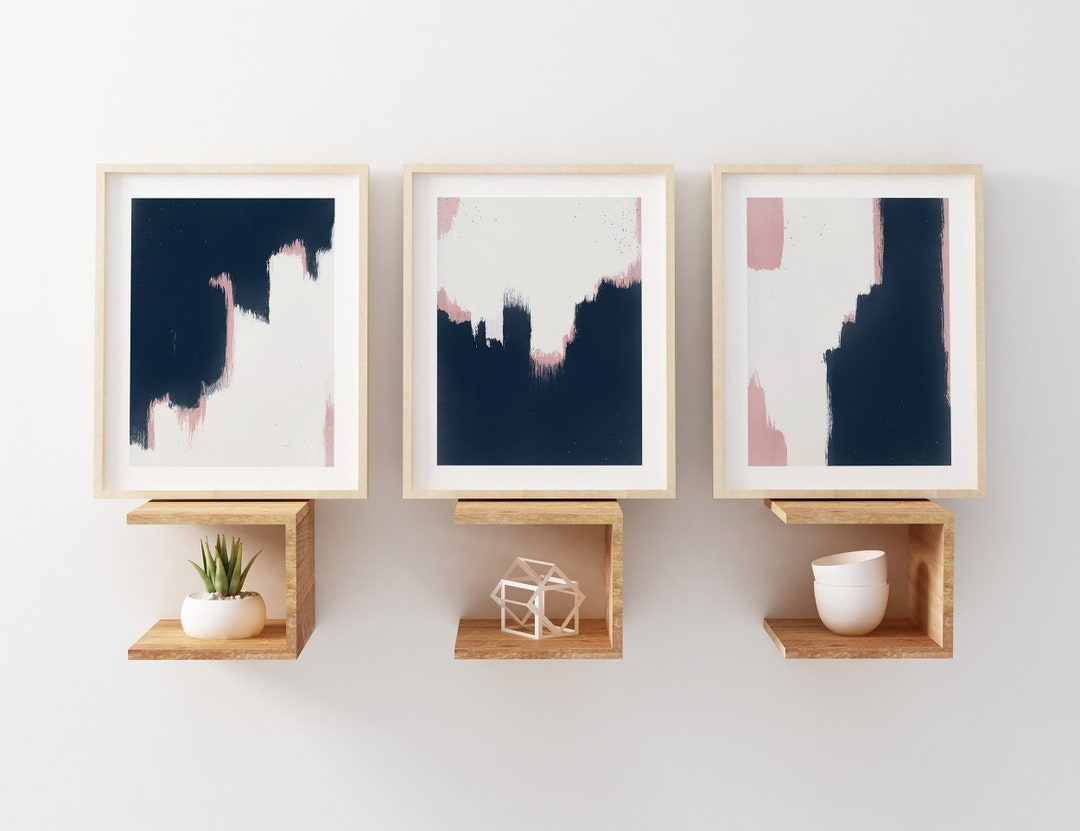 Pink and Navy Wall Art Set of 3 Prints, Abstract Printable Art, 3 Piece