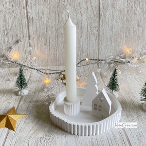 Decorative candle holder on tray with house and tree / Raysin / decorative candle holder plate / Scandinavian Christmas image 1