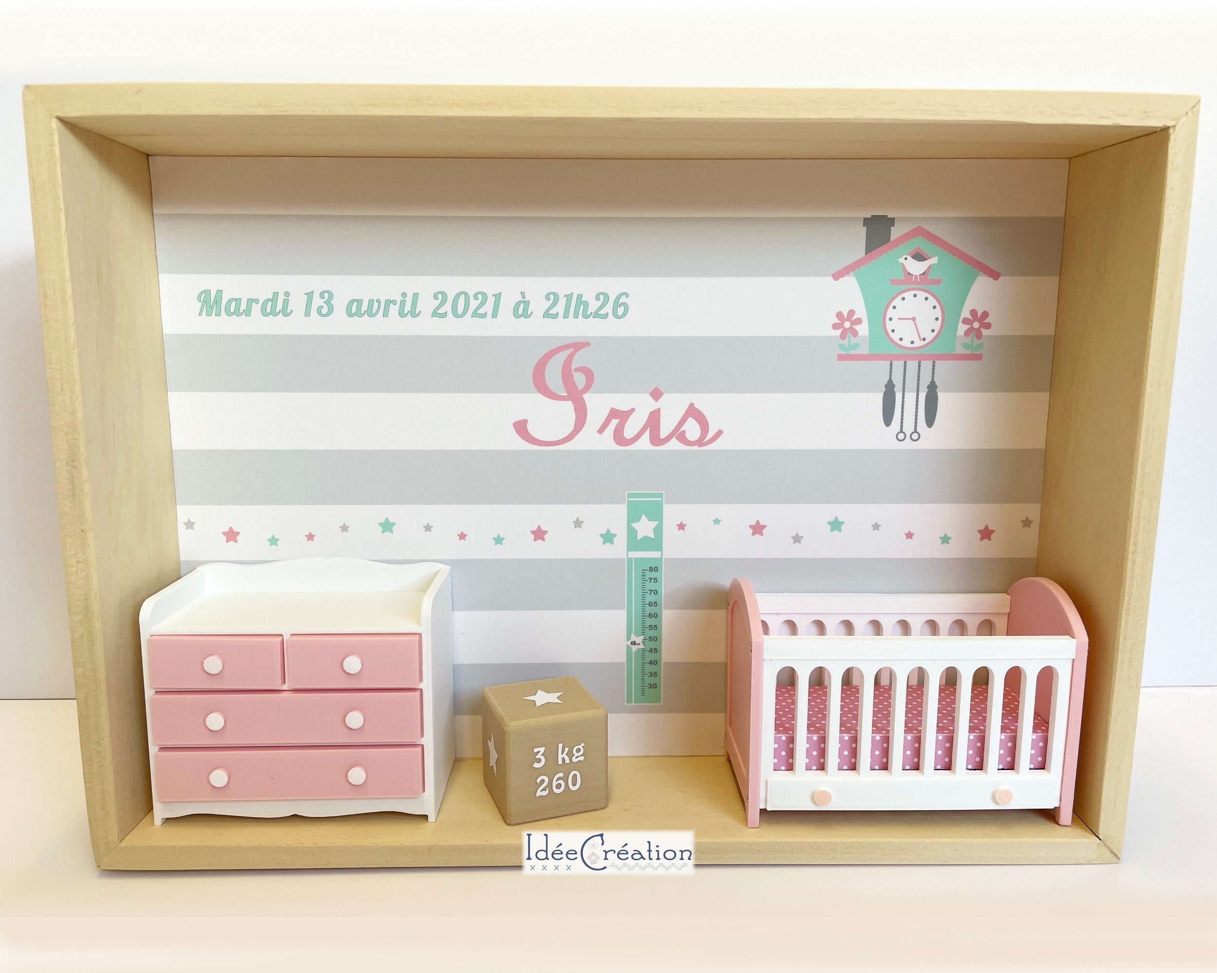 Cadre Prénom, Cadre Naissance Bebe Personnalisable, Vitrine Miniature Au Prénom de L'enfant, Modèle 