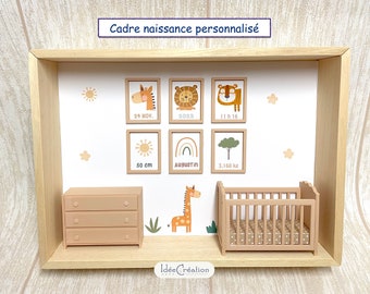 First name frame, Customizable baby birth frame, Miniature display case personalized with the child's first name, Safari Ocher model