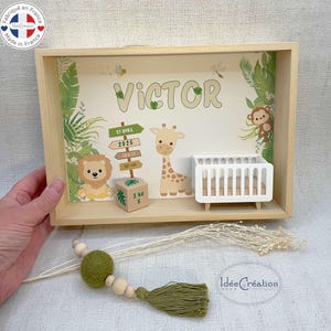 Name frame, Customizable baby birth frame, Miniature display case personalized with the child's first name, Safari model