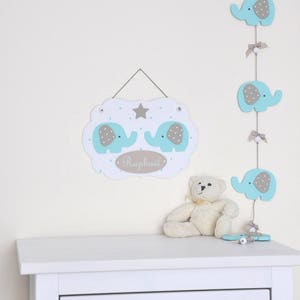 First name frame garland, personalized frame, wooden mint green elephant decoration for children's room image 2