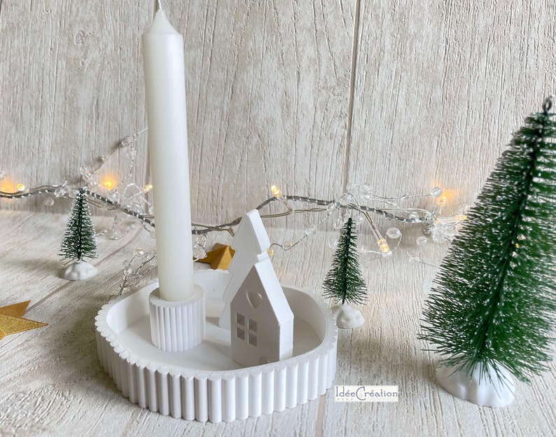 Decorative candle holder on tray with house and tree / Raysin / decorative candle holder plate / Scandinavian Christmas image 4