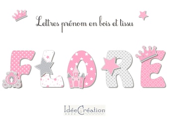 Princess wooden letters, wooden first name letters and customizable printed fabric, pink and grey model, Princess motifs