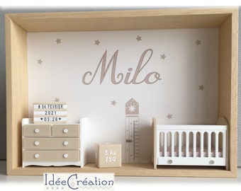 Cadre prénom, Cadre naissance personnalisé, Vitrine miniature au prénom de l'enfant, modèle beige et blanc