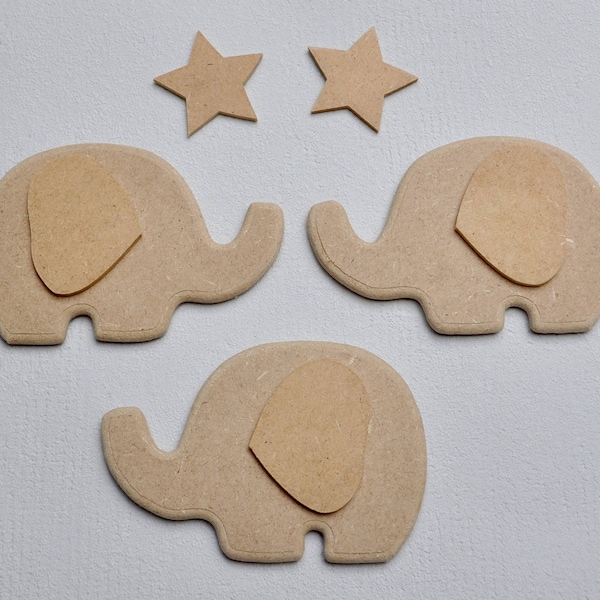 Lot de 3 Elephants + 2 Etoiles en bois (MDF) brut à décorer.