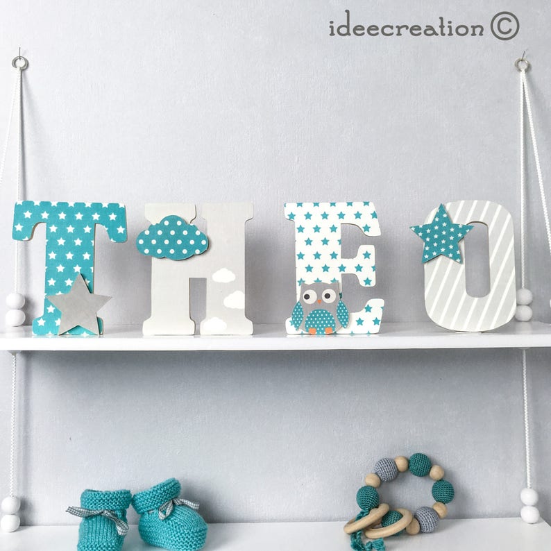 Lettres a poser, lettres prénom en bois personnalisables au prénom de l'enfant motifs turquoise et gris image 2