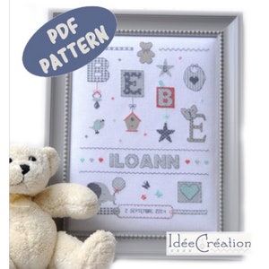 Personalized birth embroidery sheet, to embroider in cross stitch, to download in PDF image 1