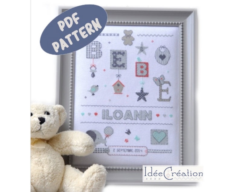 Personalized birth embroidery sheet, to embroider in cross stitch, to download in PDF image 1