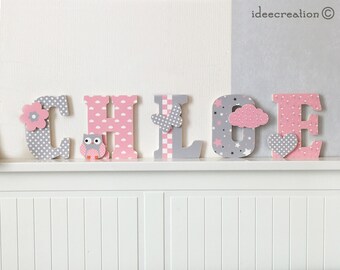 10 cm letters, wooden first name letters customizable to the child's first name, Pink and Gray model