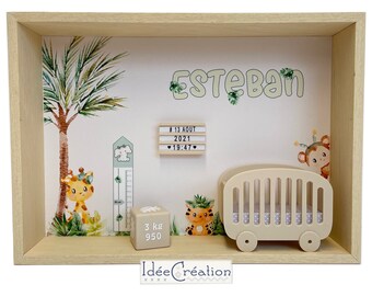First name frame, Customizable baby birth frame, Personalized miniature showcase with the child's first name, Jungle model