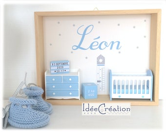 First name frame, Customizable baby birth frame, Miniature display case personalized with the child's first name, sky blue and white model