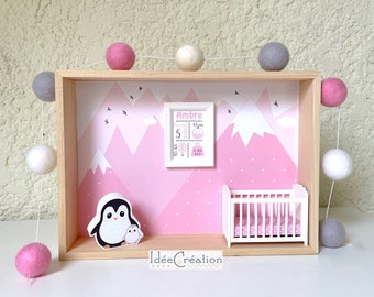 Personalized birth frame, Miniature baby showcase with the child's first name, Pink Mountains model