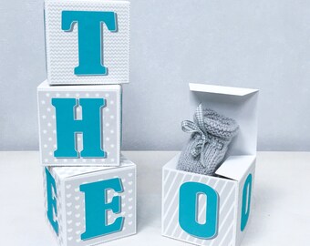 First name box, Cubes letters first name in hard cardboard and printed fabric for children's room, tetine storage, milk toothbox,