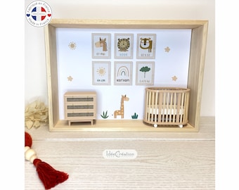 Cadre prénom, Cadre naissance bebe personnalisable, Vitrine miniature personnalisée au prénom de l'enfant, modèle Safari lit ovale