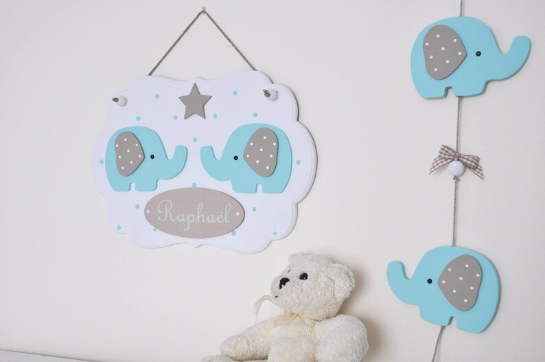 First name frame garland, personalized frame, wooden mint green elephant decoration for children's room image 3