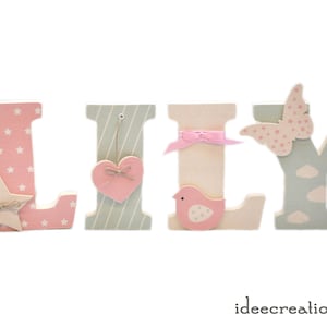 Letters to pose, wooden first name letters personalized with the child's first name, pink, beige and light green model