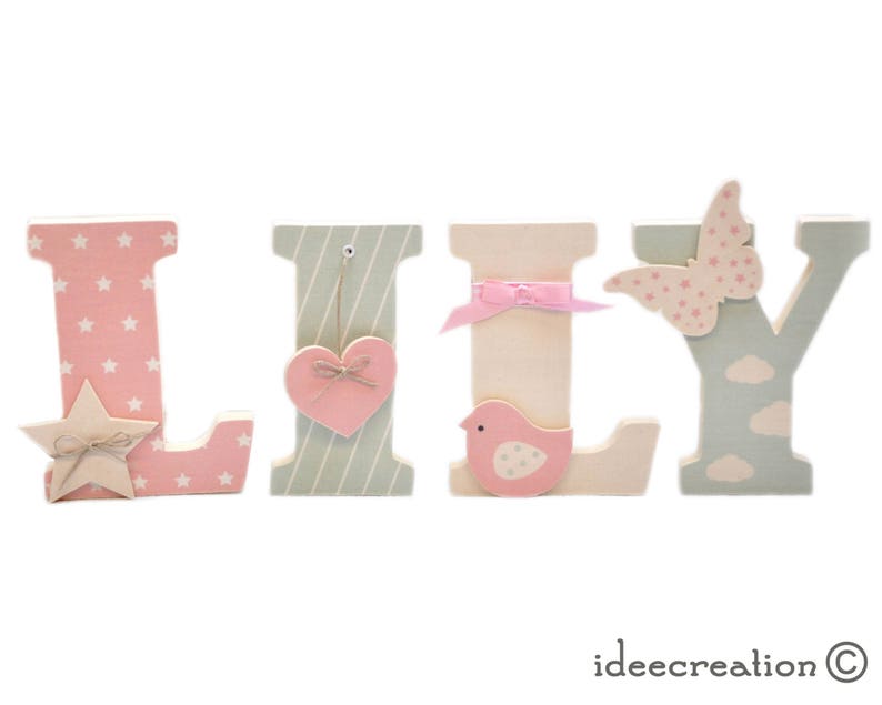 Letters to pose, wooden first name letters personalized with the child's first name, pink, beige and light green model image 1