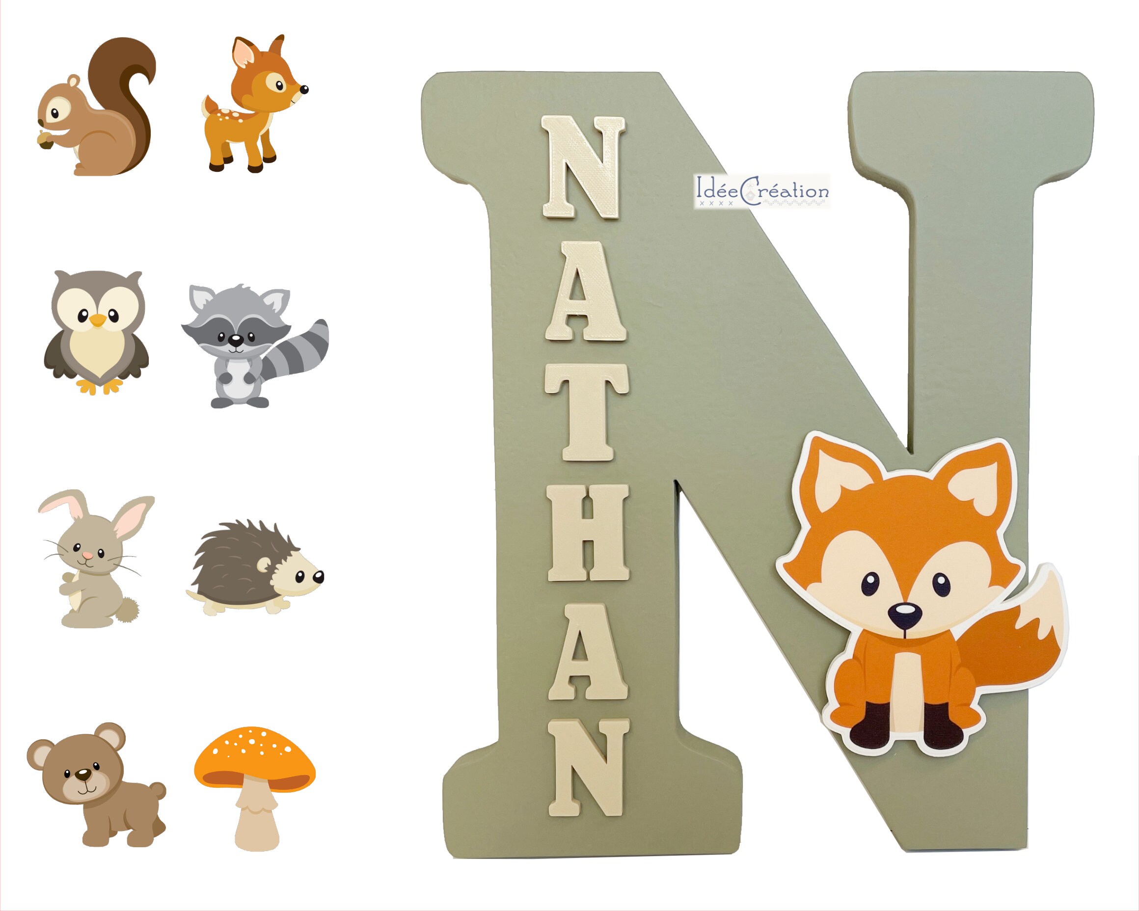 Lettre en Bois Initiale et Prénom Complet, Hauteur 25cm, Modèle Animaux de La Forêt
