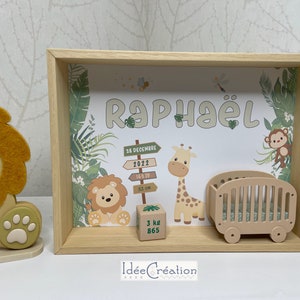 First name frame, Customizable baby birth frame, Miniature display case personalized with the child's first name, Safari model