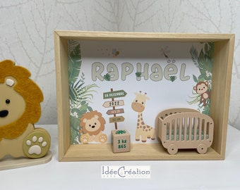 First name frame, Customizable baby birth frame, Miniature display case personalized with the child's first name, Safari model