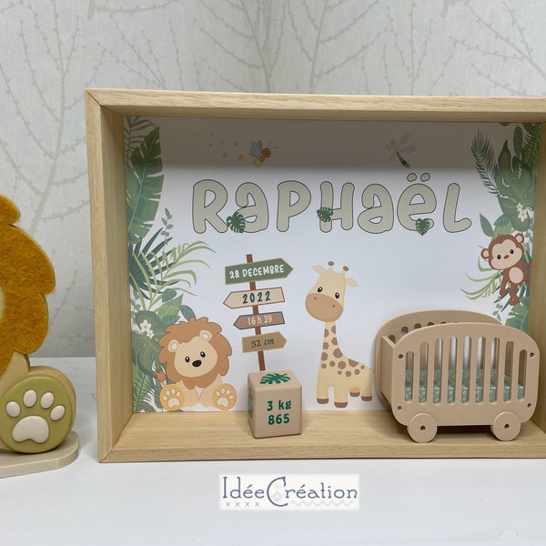 Cadre prénom, Cadre naissance bebe personnalisable, Vitrine miniature personnalisée au prénom de l'enfant, modèle Safari