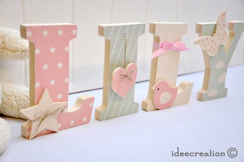 Letters to pose, wooden first name letters personalized with the child's first name, pink, beige and light green model image 3