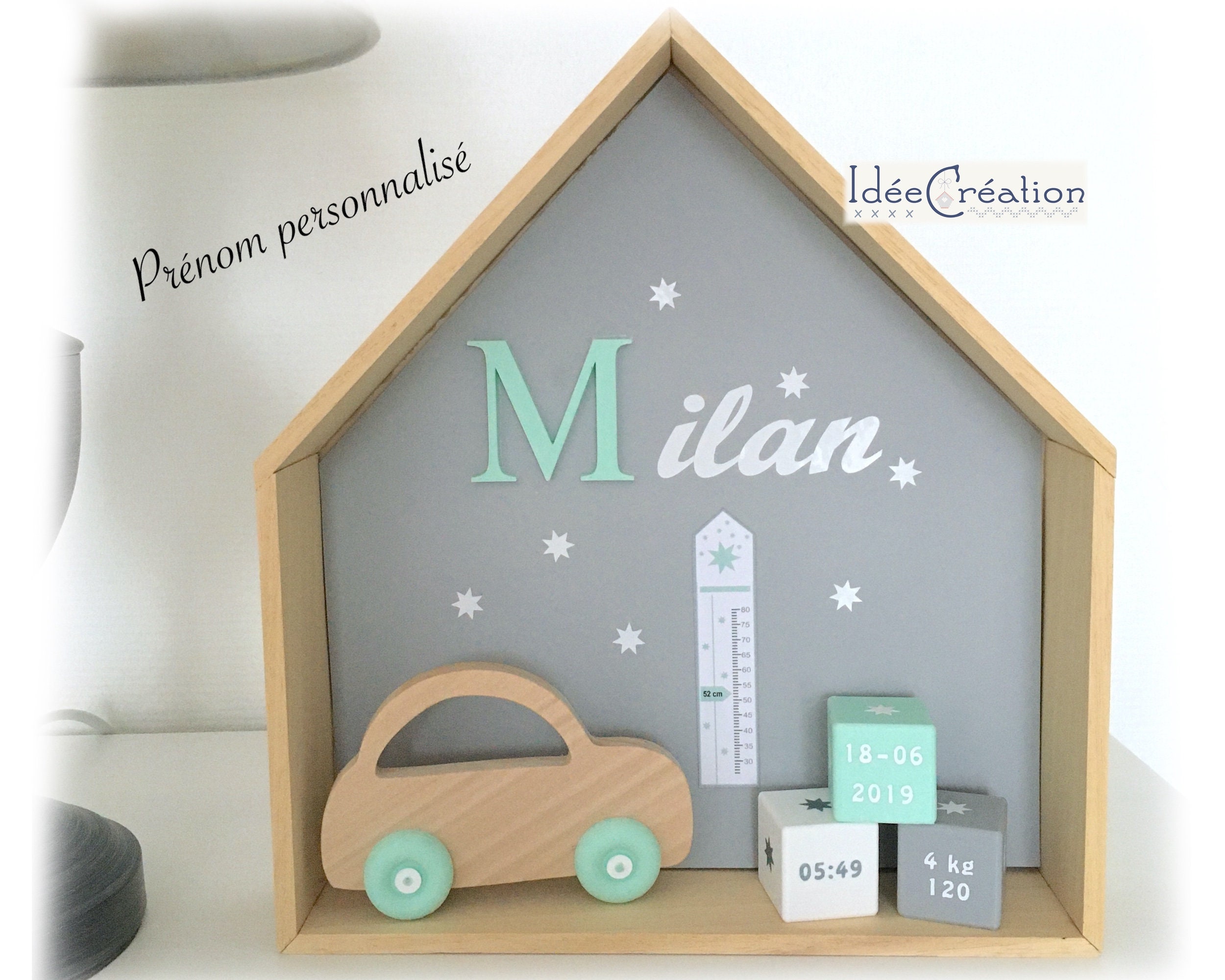 Cadre Prénom, Cadre Naissance Au Prénom de L'enfant, Maison, Etagère Nichoir, Modèle Vert Menthe, Gr