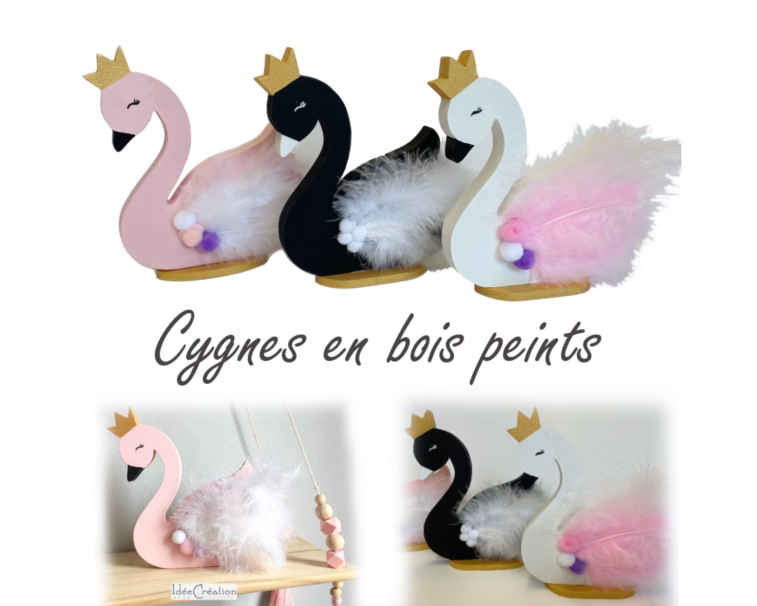 Cygne en Bois Peint, Pour Une Déco de Chambre Princesse, Modèle Rose, Blanc ou Noir