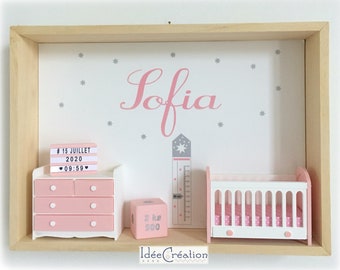 First name frame, Customizable baby birth frame, Miniature showcase personalized with the child's name, pink, gray and white model