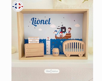 First name frame, Customizable baby birth frame, Miniature display case personalized with the child's first name, "Pirate" model