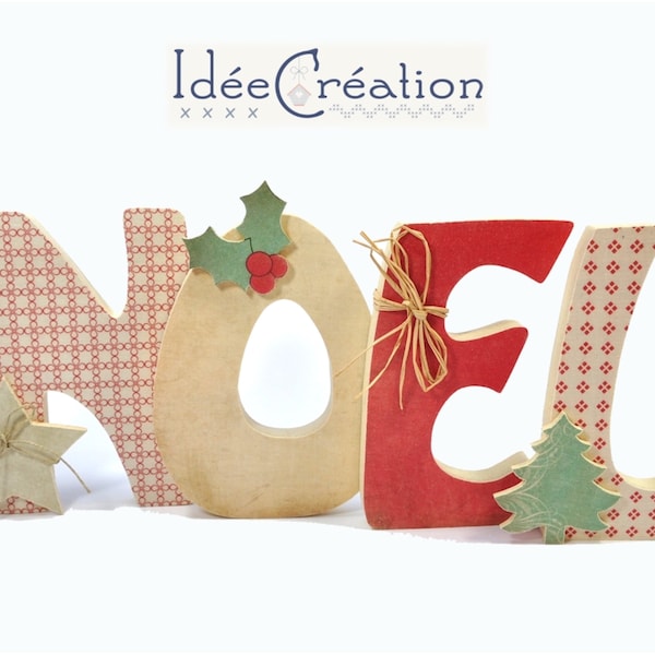 Lettres "NOEL" (15cm) en bois et tissu imprimé