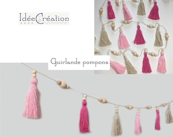 Guirnalda de pompón 100% algodón y cuentas de madera, estilo rosa