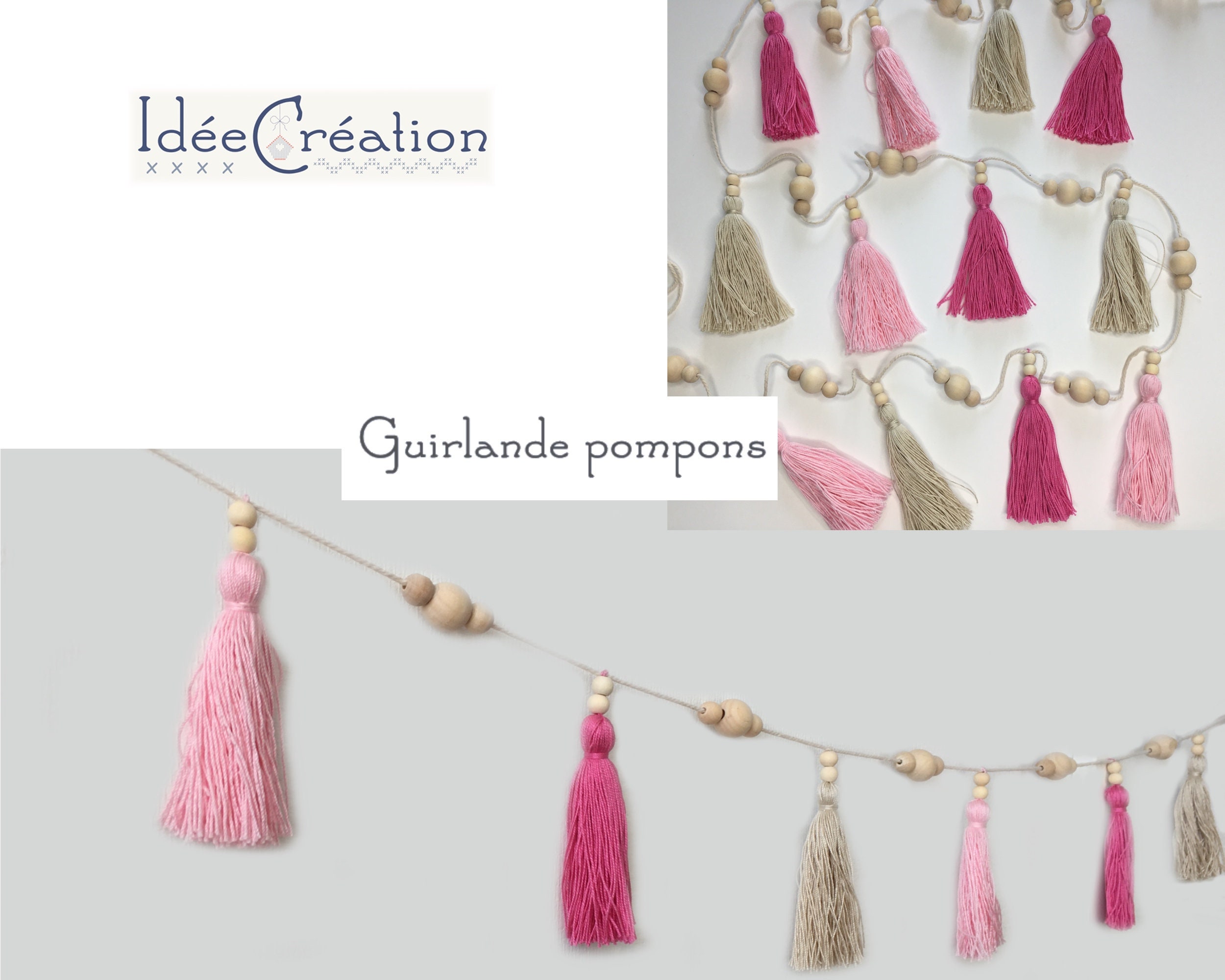 Guirlande Pompons 100% Coton et Perles en Bois, Modèle Rose