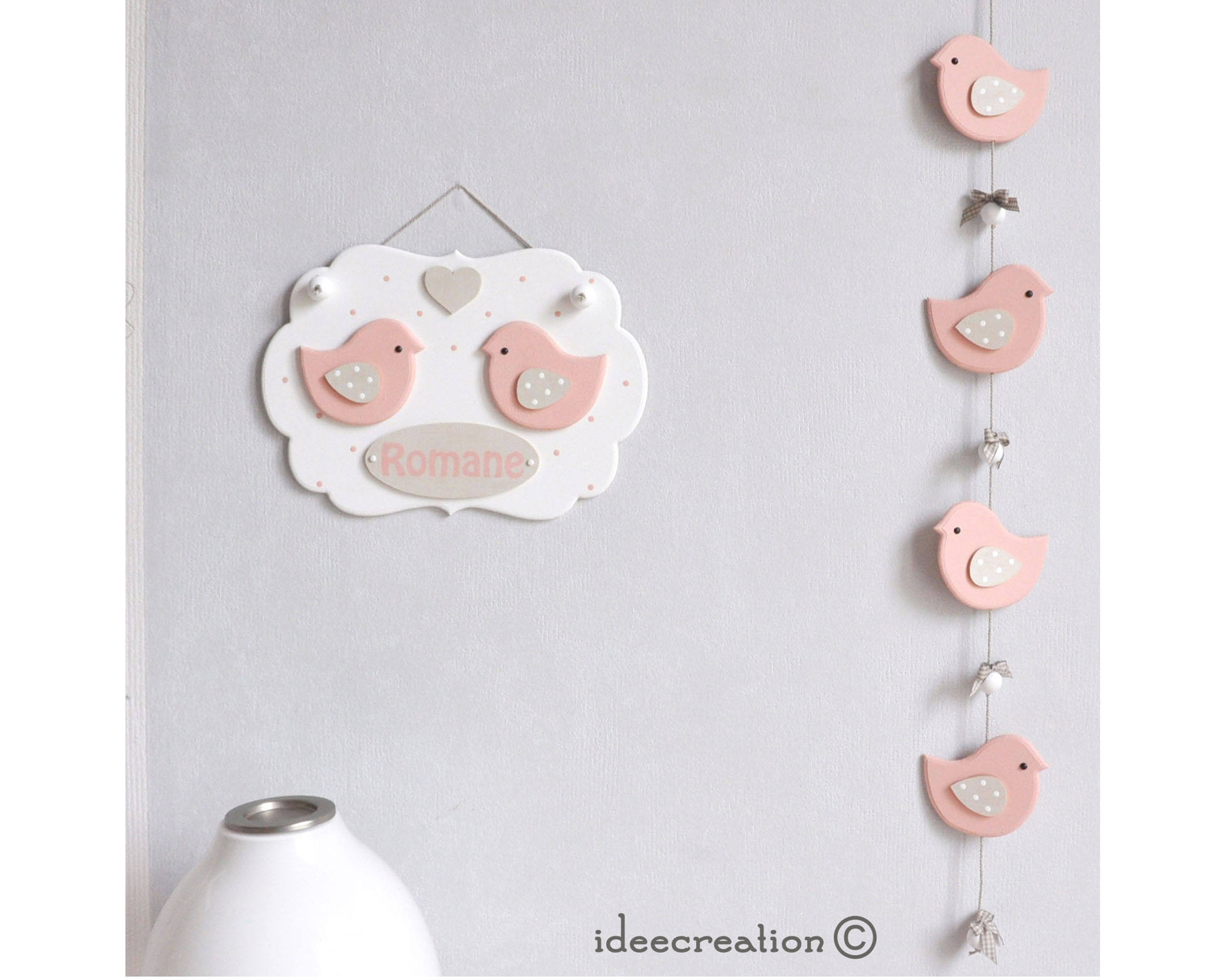 Cadre Prénom bébé déco Oiseaux Roses et Guirlande pour | Etsy