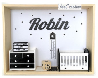 First name frame, Customizable baby birth frame, Miniature display case personalized with the child's first name, black and white model