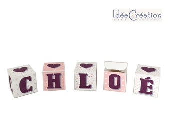 First name box, First name letter cubes in rigid cardboard and printed fabric for children's room, pacifier storage, milk teeth box,