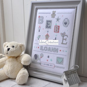 Personalized birth embroidery sheet, to embroider in cross stitch, to download in PDF image 3