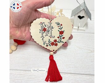 Personalized wooden initial heart in old embroidery style, wooden initial heart suspension, wooden heart to hang initial,