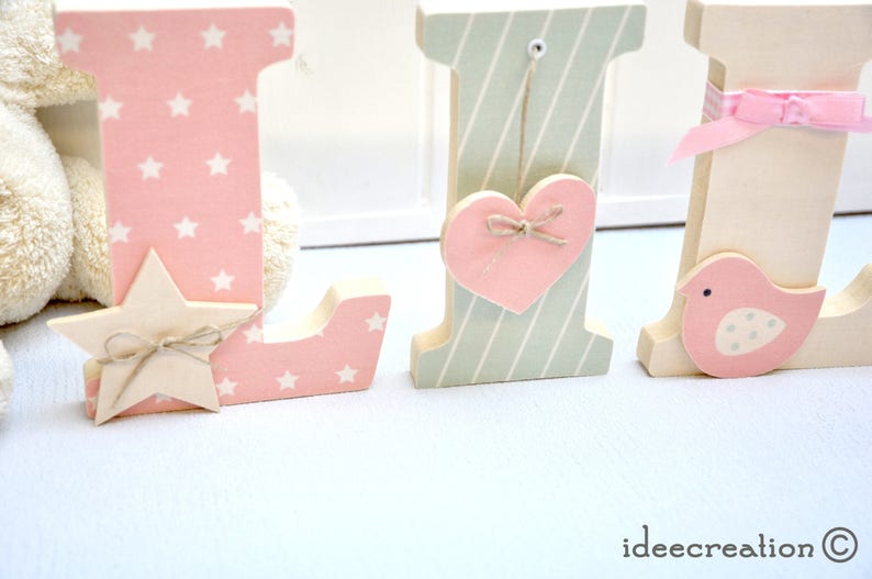 Letters to pose, wooden first name letters personalized with the child's first name, pink, beige and light green model image 4